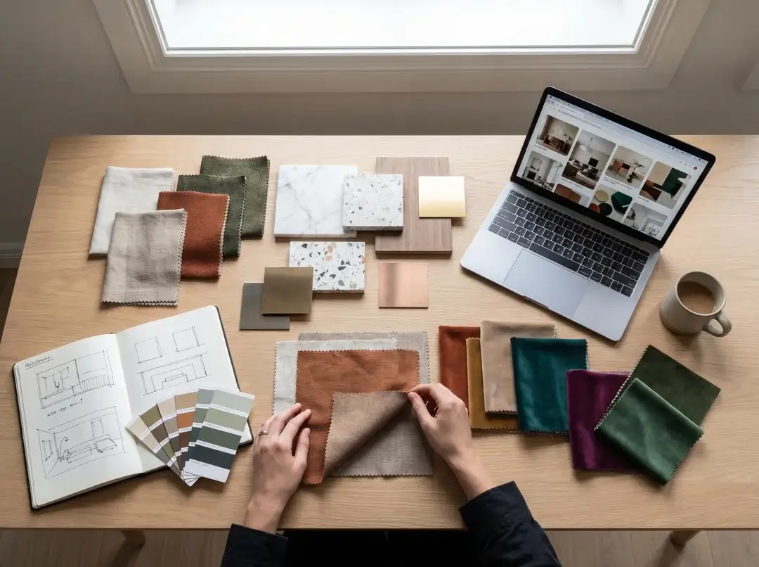 Interior designer working with fabric and material samples on a desk