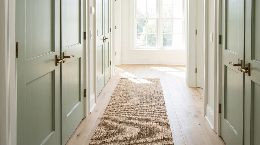 Bright hallway lined with sage green shaker panel interior doors with brass lever handles.