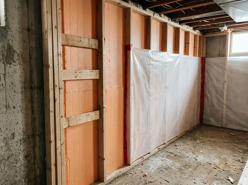 Détail d'un mur de sous-sol en construction avec isolation rigide rose, montants de bois et coupe-vapeur partiellement déployé