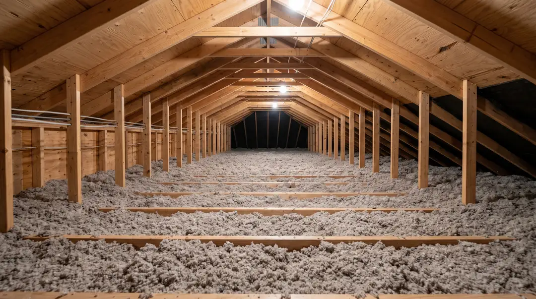 Isolation soufflée en cellulose dans des combles résidentiels, couche uniforme entre les solives.
