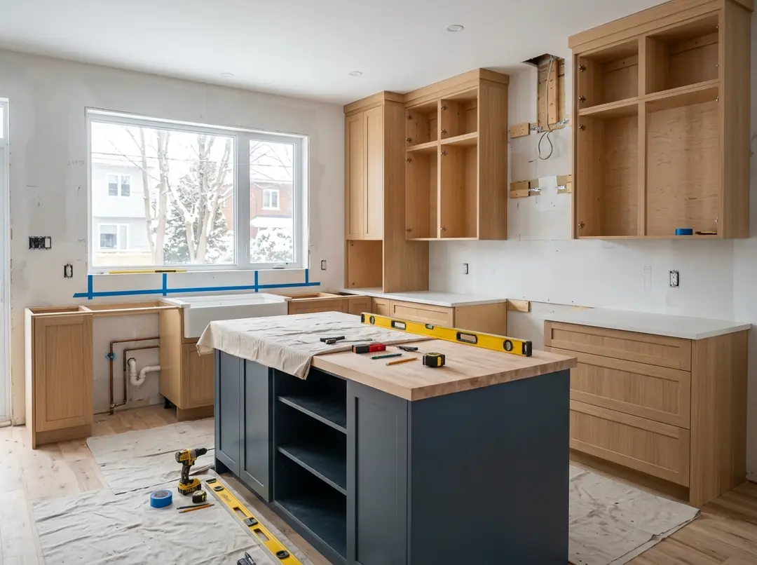 Kitchen mid renovation with partially installed cabinets, dark blue island, tools and drop cloths