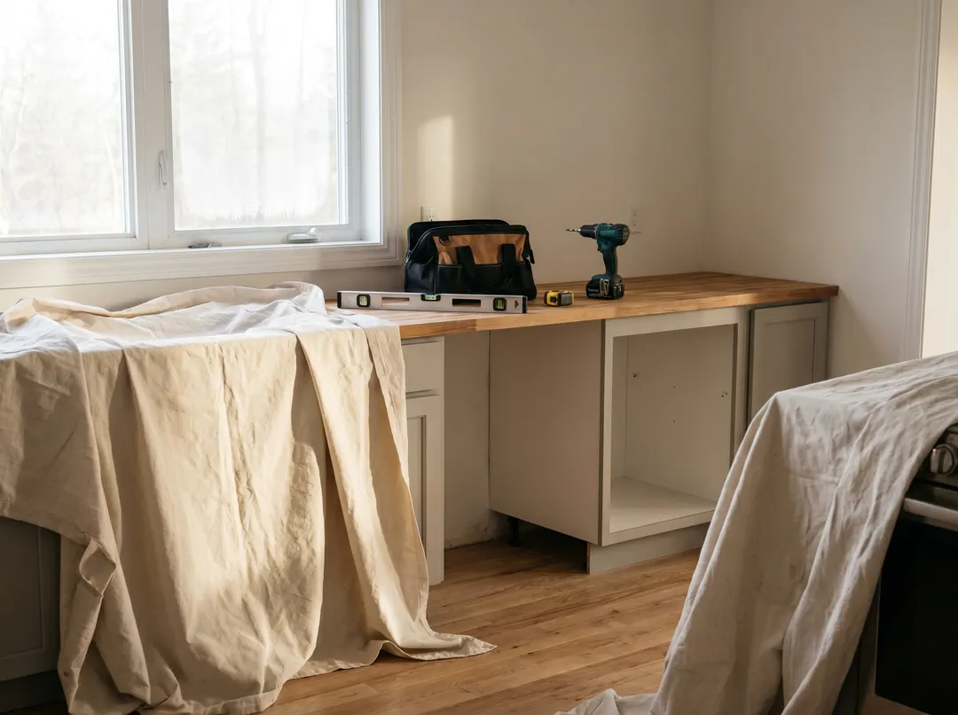 Residential kitchen renovation on pause, drop cloth covering the island, tools neatly stored on the counter, soft morning light coming through the window