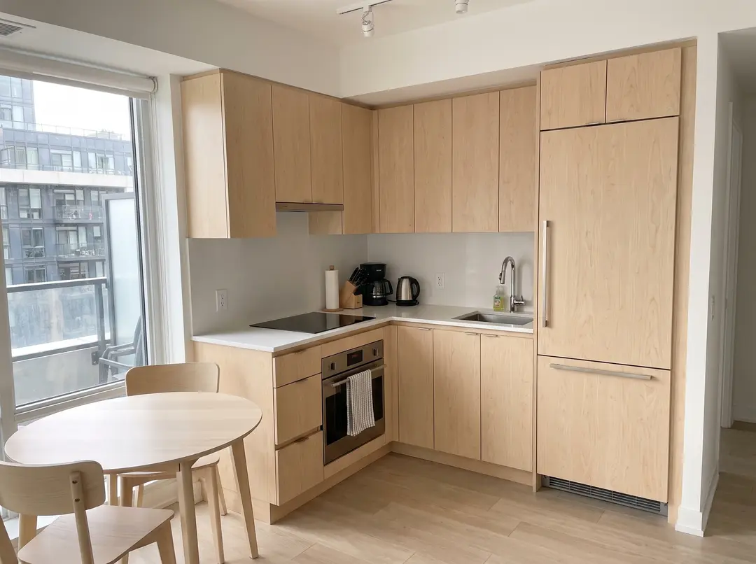 Compact L-shaped kitchen in a bright condo, pale birch cabinets, white counter and a small round table by the window