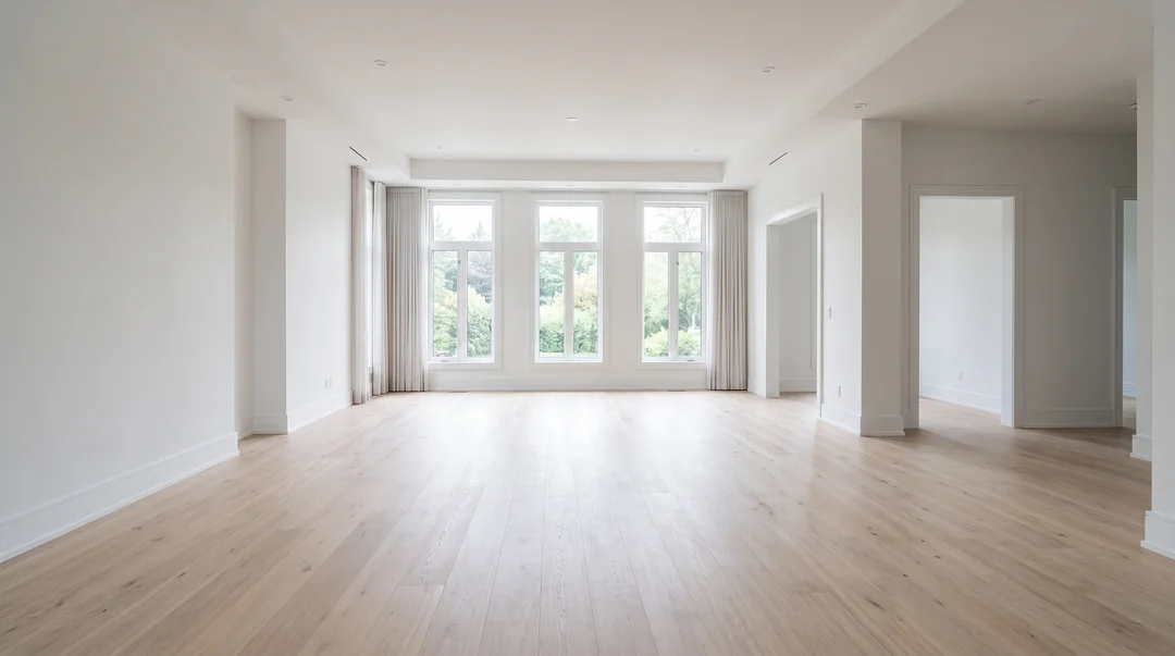 Large empty renovated living room with white walls, pale wood floor and tall windows