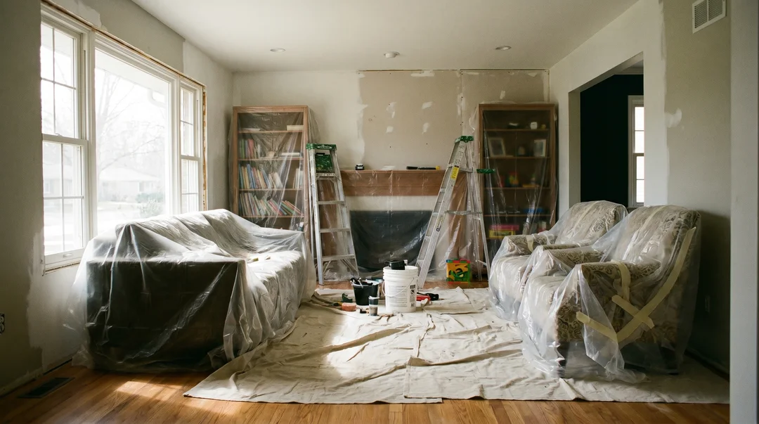 Living room mid-renovation with furniture covered in plastic sheeting and drop cloths