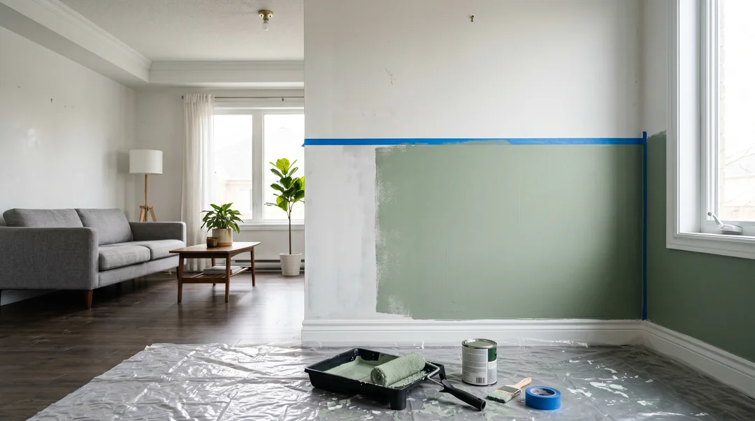 Modern living room with wall partially painted sage green, blue painters tape, drop cloth on floor, paint roller and tray