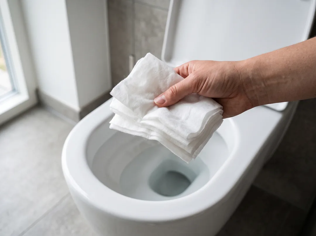 Main tenant des lingettes humides au-dessus d'une cuvette de toilette