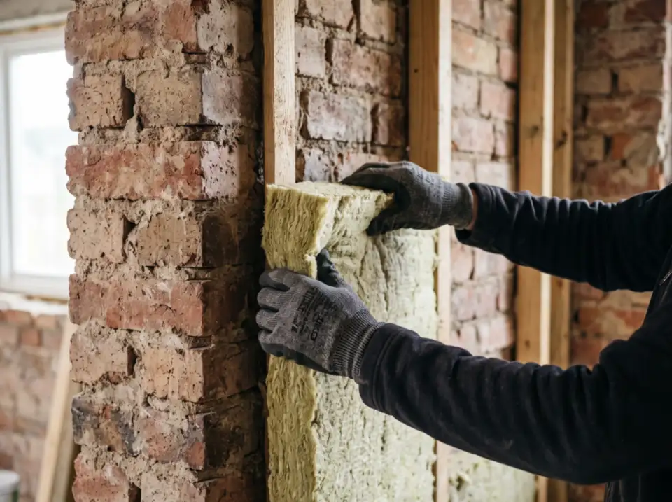 Mains gantées posant de la laine minérale contre un mur de brique ancien entre des fourrures de bois
