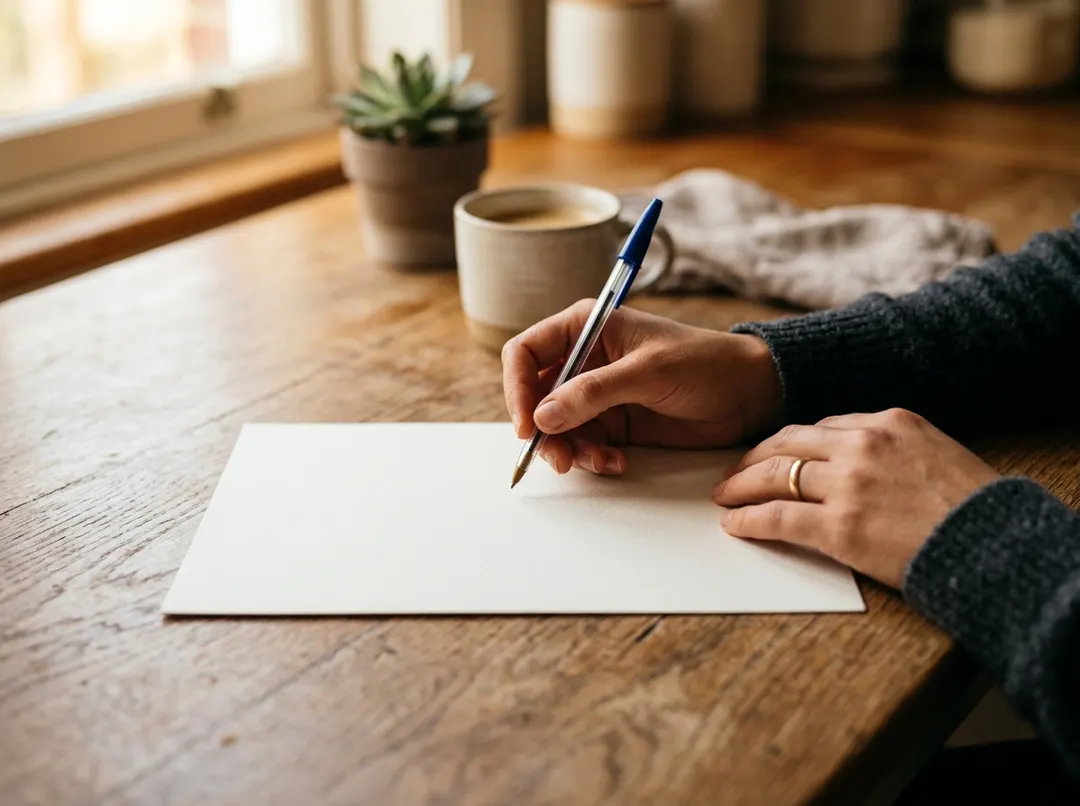 Mains tenant un stylo au-dessus d'une feuille blanche sur une table de bois, tasse de café à côté