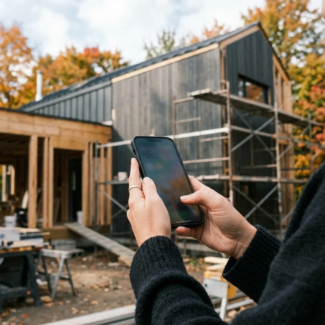 Mains tenant un téléphone devant une maison en construction au bardage de bois foncé, échafaudage et feuillage d'automne en arrière-plan
