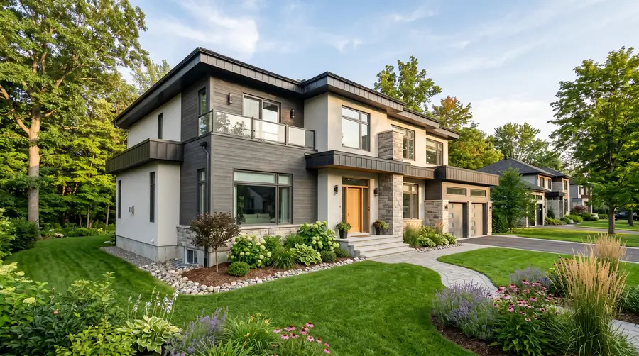 Maison résidentielle moderne au Québec avec bardage bois gris et pierre, aménagement paysager luxuriant, fondation partiellement visible avec drain périphérique