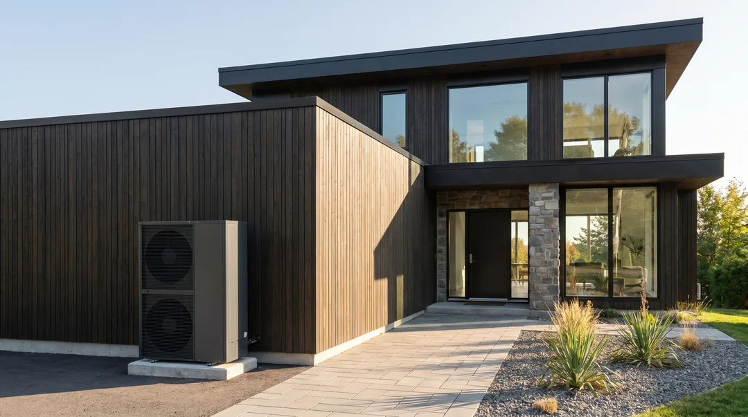 Maison contemporaine en bois avec thermopompe extérieure, Québec