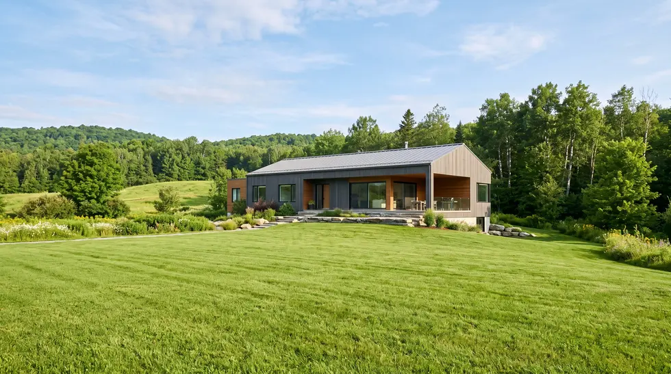 Maison rurale contemporaine en bois avec une large pelouse dégagée au premier plan, matin d'été