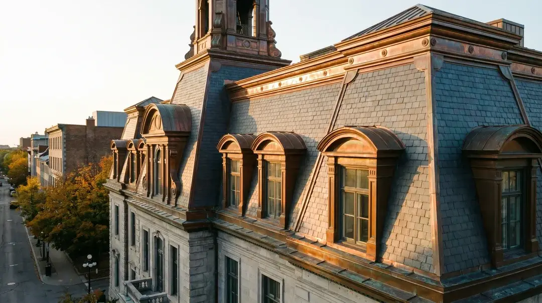 Mansard slate roof with copper dormer windows, Montreal, golden hour