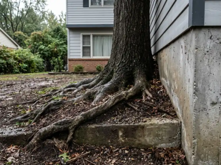 Surface roots of a mature tree growing against a concrete foundation wall