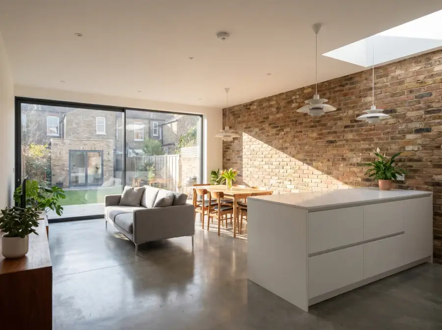Modern extension with exposed brick, open plan and skylight