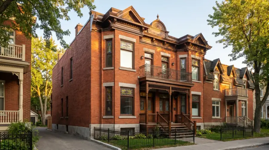 Red brick Victorian duplex with ornate wooden trim, Montreal residential street in autumn
