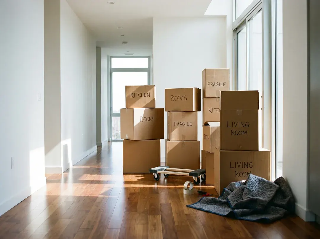 Moving boxes stacked in an empty modern hallway