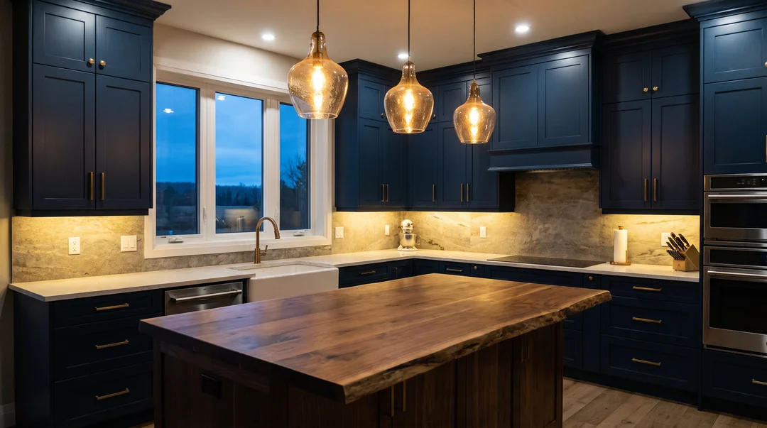 Navy blue kitchen in the evening with three glass pendants over a walnut island and under-cabinet lighting