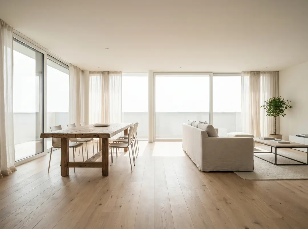 Open concept living and dining room with large windows and light wood floor