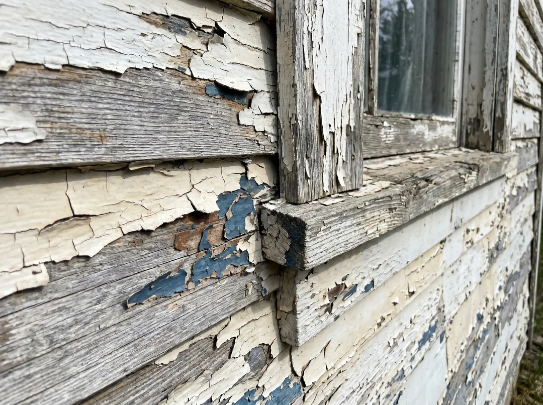 Peinture extérieure qui s'écaille sur des clins de bois autour d'une fenêtre