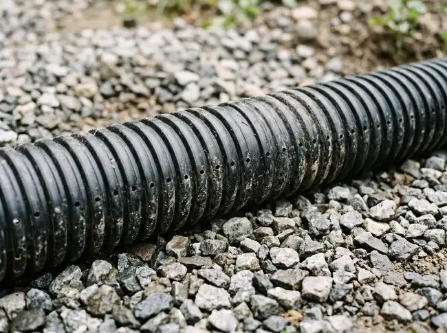 Close-up of a black corrugated perforated polyethylene pipe resting on a bed of grey crushed stone, perforations clearly visible