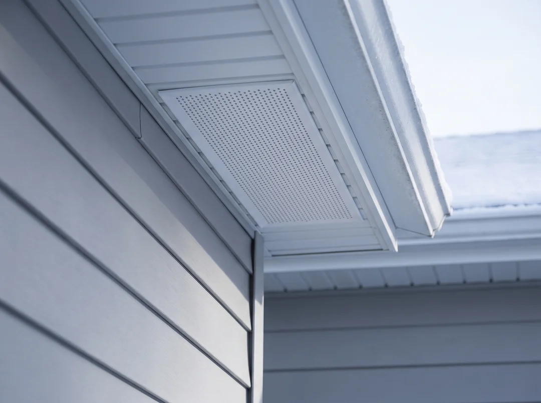 Perforated soffit vent under a house eave with snow at the roof edge
