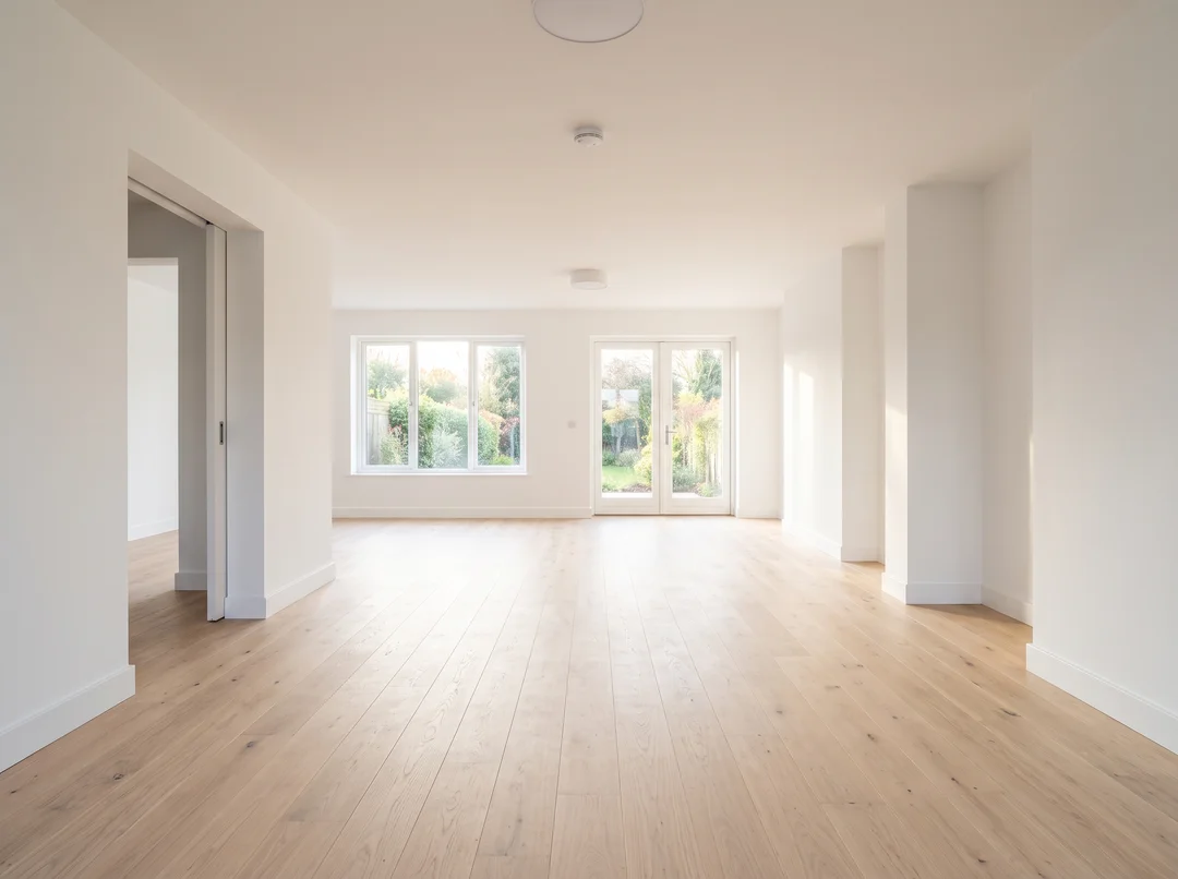 Pièce rénovée vide avec plancher de chêne pâle et porte-fenêtre vers le jardin