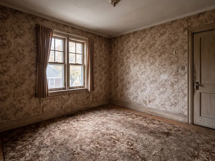 Pièce vide dans une maison non rénovée, papier peint défraîchi et tapis usé
