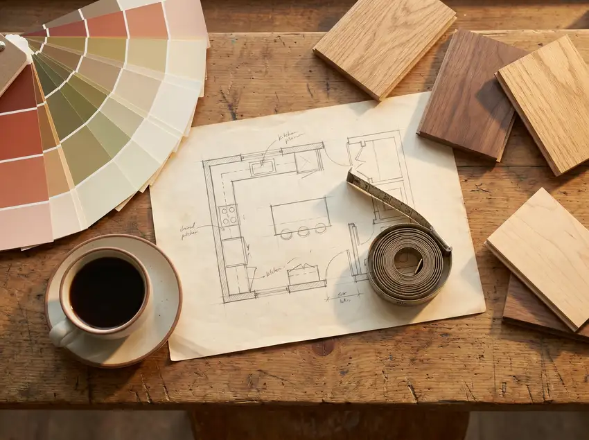 Plan de cuisine dessiné à la main avec ruban à mesurer, échantillons de bois et palette de couleurs sur une table en bois
