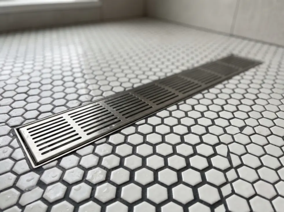 Plancher de douche en mosaïque hexagonale blanche avec joints charbon et drain linéaire en inox