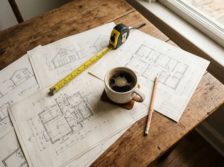 Plans architecturaux étalés sur une table en bois avec ruban à mesurer jaune, tasse de café et crayon