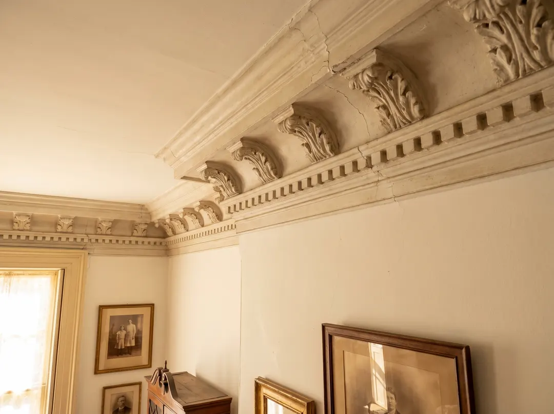 Plaster cornice with dentils and acanthus-leaf modillions