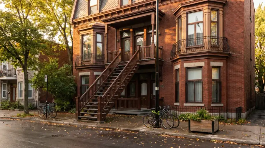 Plateau-Mont-Royal heritage triplex with red brick facade and outdoor wooden staircase