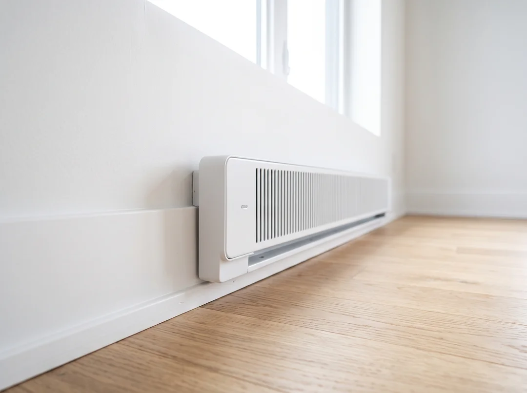 Plinthe électrique blanche sous une fenêtre, plancher de bois franc clair