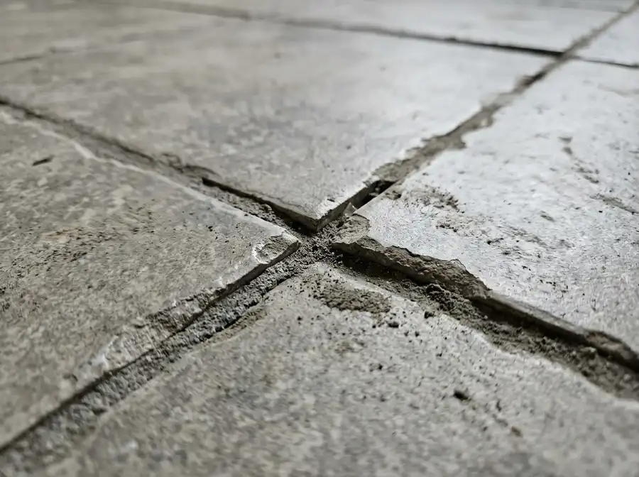 Close up of poorly installed ceramic tiles with uneven grout lines and chipped edges
