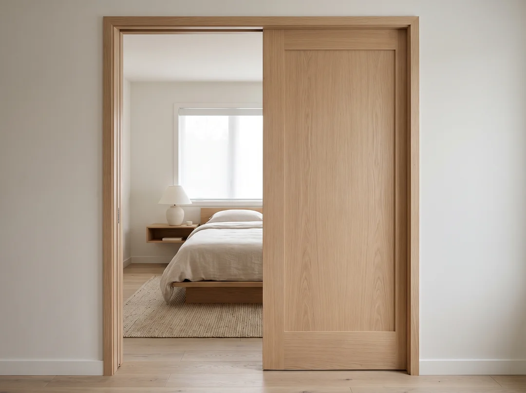 Porte coulissante en chêne blanc naturel à un panneau, ouverte sur une chambre minimaliste aux tons de lin.
