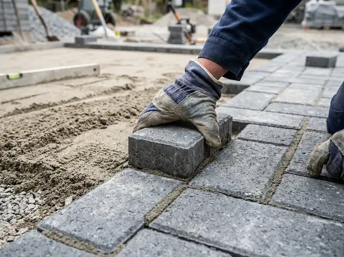 Mains gantées posant des pavés de béton sur un lit de sable, chantier de pavage en cours