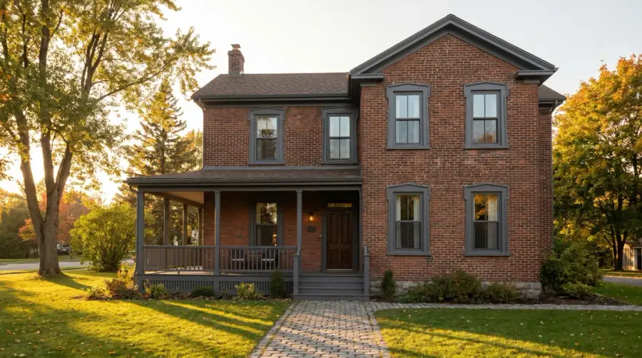 Quebec heritage home with red brick and freshly painted grey wood trim at sunset