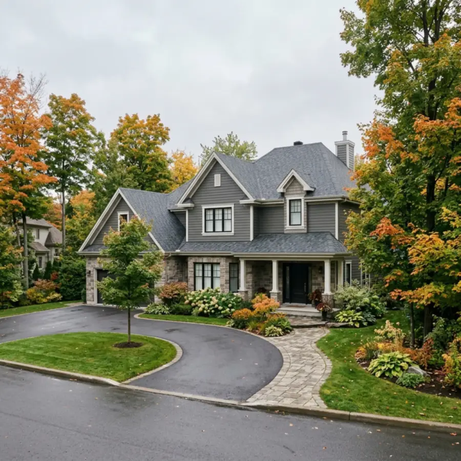 Well maintained Quebec suburban house seen at three quarter angle, grey shingle roof visible, mature autumn trees
