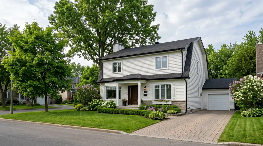 White Quebec residential home in spring with blooming lilacs, manicured yard and paved driveway