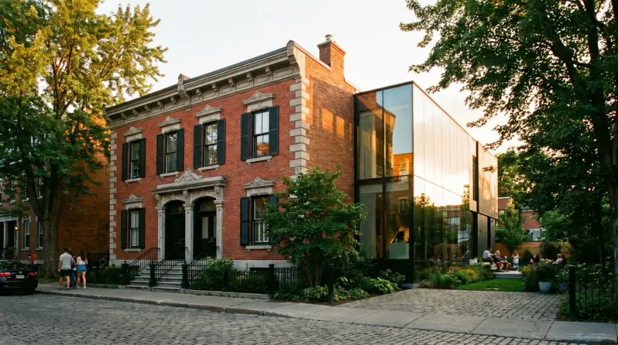Montreal red brick duplex with contemporary glass extension, golden hour