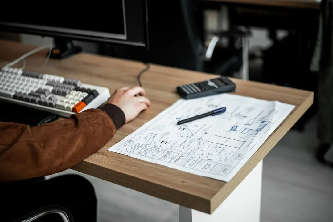 Architectural renovation blueprint laid on a wooden desk with a calculator and computer keyboard