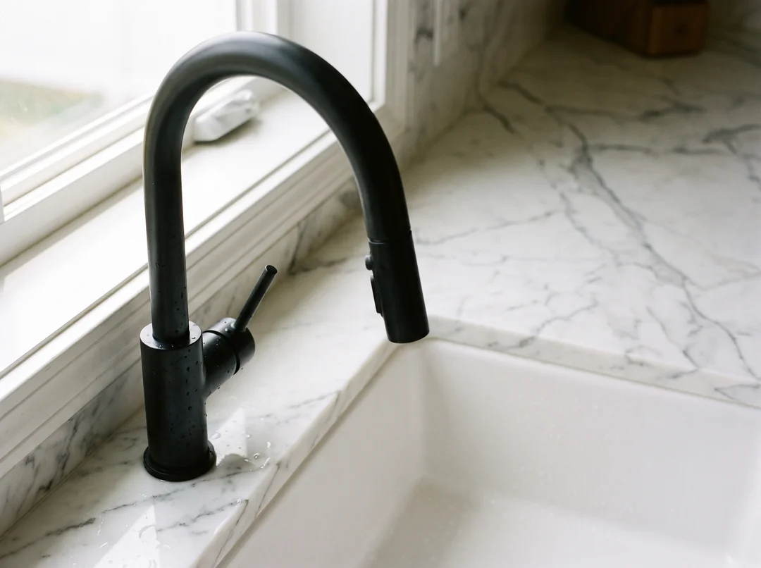 Robinet de cuisine noir mat au-dessus d'un évier blanc et d'un comptoir de marbre, gouttes d'eau visibles