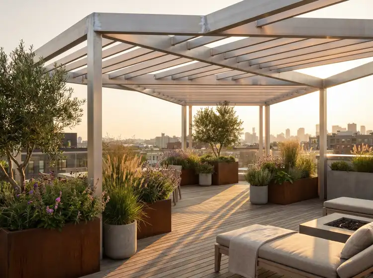Rooftop terrace with aluminum pergola and corten steel planters, late afternoon golden light