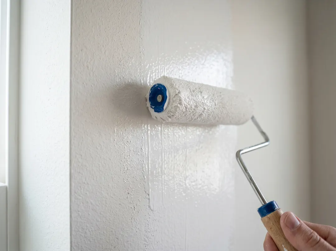 Gros plan d'un rouleau bleu appliquant de la peinture blanche fraîche sur un mur, marques de rouleau visibles et main tenant le manche en bois