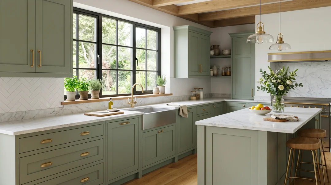 Modern kitchen with sage green painted shaker cabinets, brass hardware, white marble countertop and black-framed windows