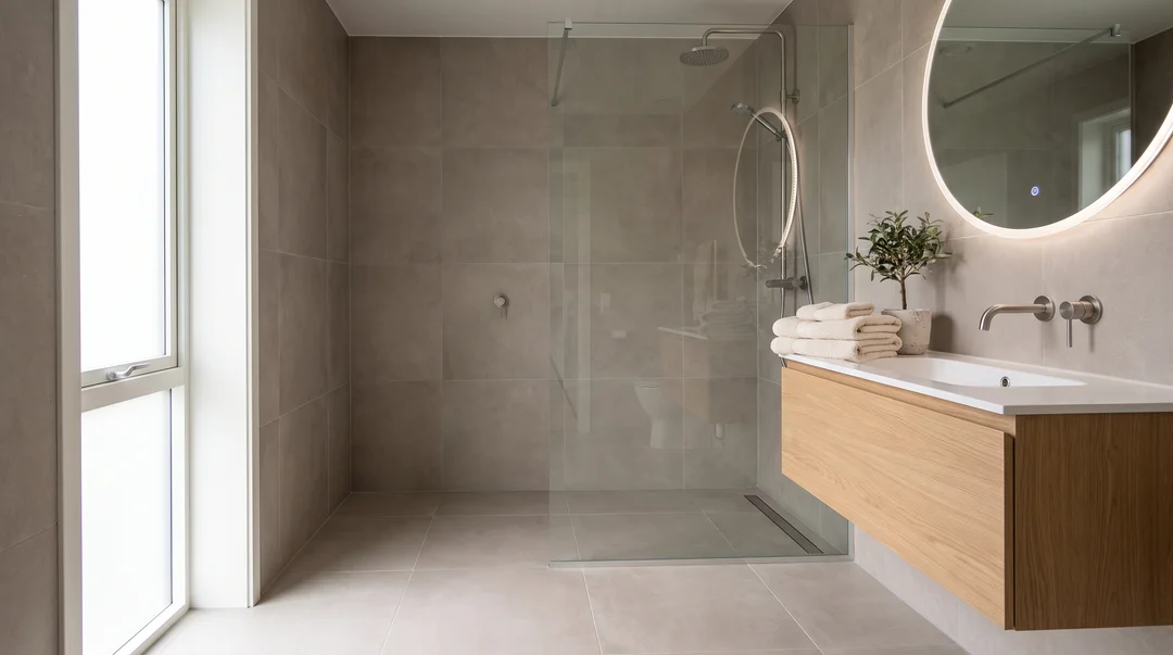 Salle de bain moderne en grands carreaux de porcelaine gris chaud, douche vitrée et meuble-lavabo en chêne