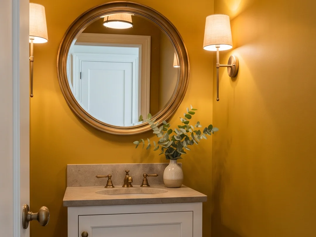 Salle d'eau aux murs ocre profond, miroir rond au cadre de laiton, appliques et meuble-lavabo blanc à dessus de pierre