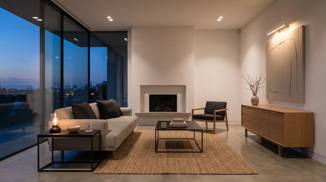 Salon contemporain minimaliste au crépuscule, éclairage tamisé et grande fenêtre sur la ville
